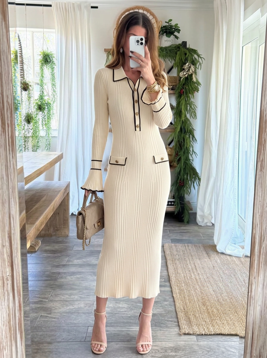 Audrey | Women's Knit Winter Dress with Collar