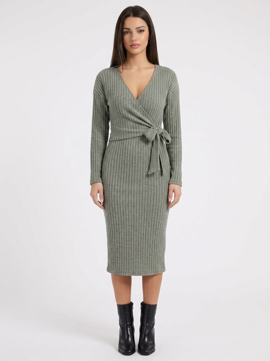Bea | Ribbed Knit Winter Dress Wrap Midi Long Sleeve