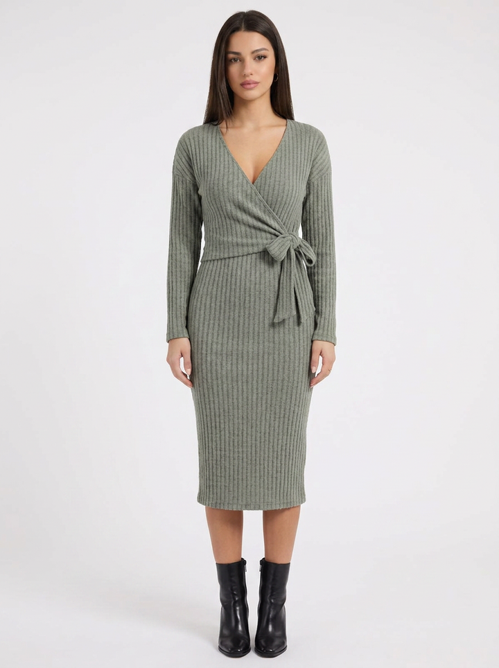 Bea | Ribbed Knit Winter Dress Wrap Midi Long Sleeve