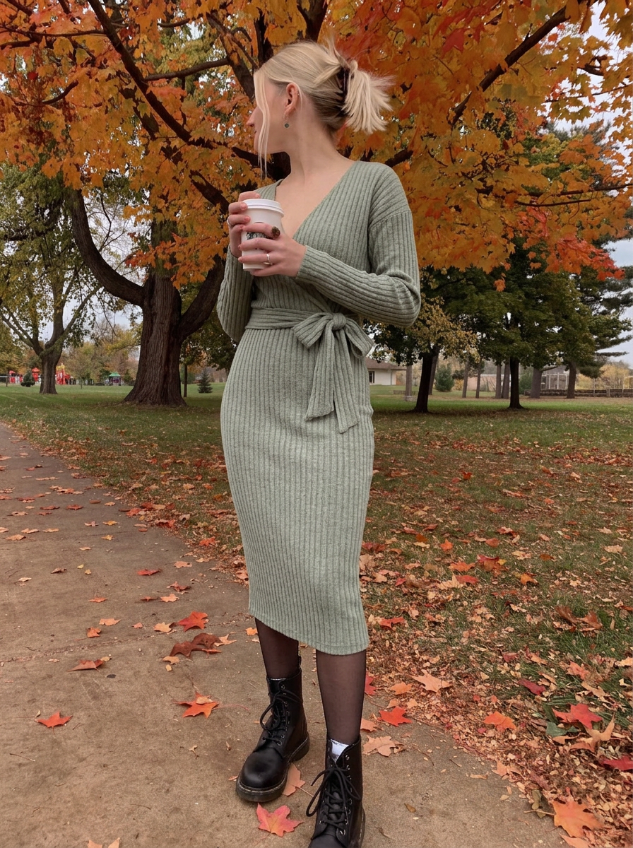 Bea | Ribbed Knit Winter Dress Wrap Midi Long Sleeve