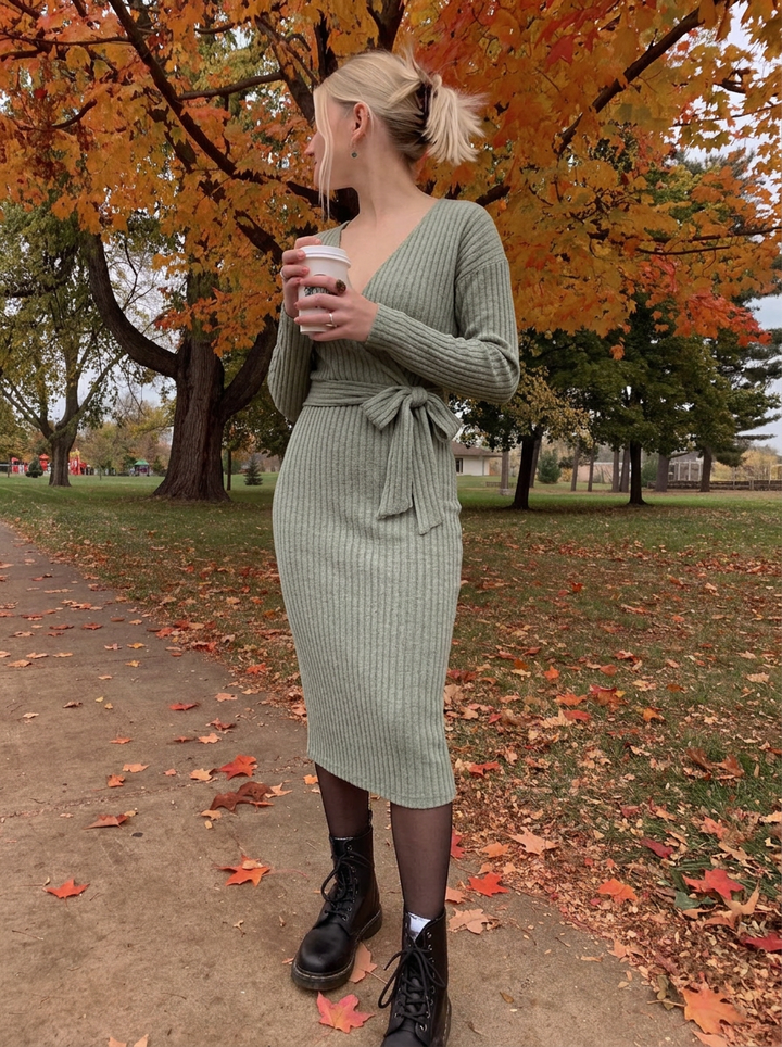 Bea | Ribbed Knit Winter Dress Wrap Midi Long Sleeve