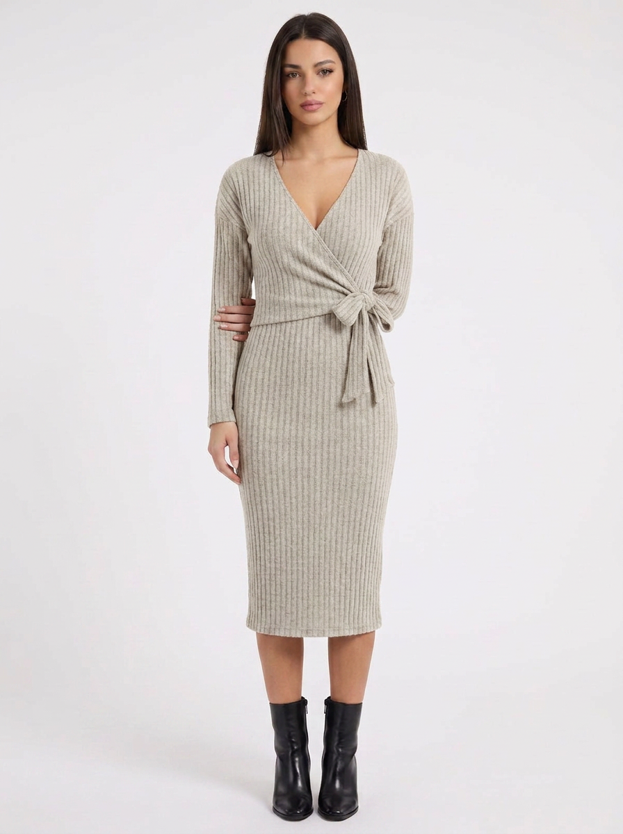 Bea | Ribbed Knit Winter Dress Wrap Midi Long Sleeve