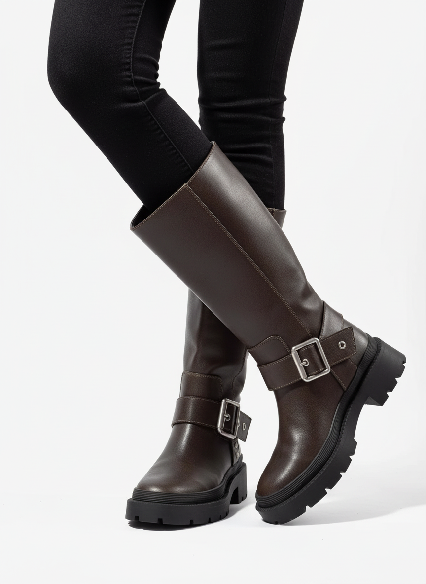 Belle | Women's Dark Brown Buckle Strap Lug Sole Knee High Boot