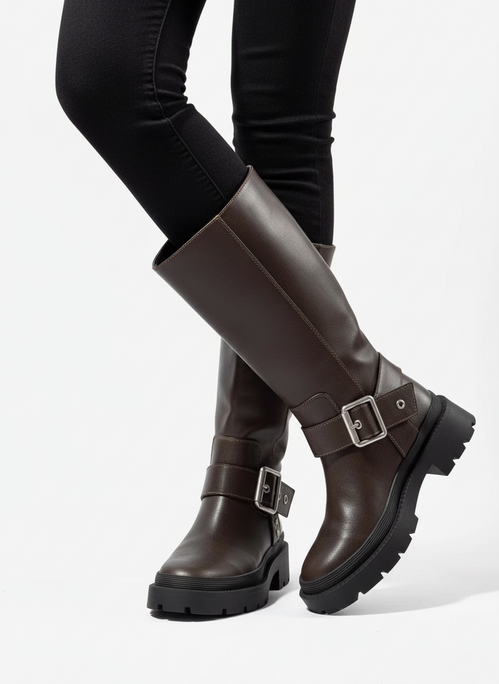 Belle | Women's Dark Brown Buckle Strap Lug Sole Knee High Boot