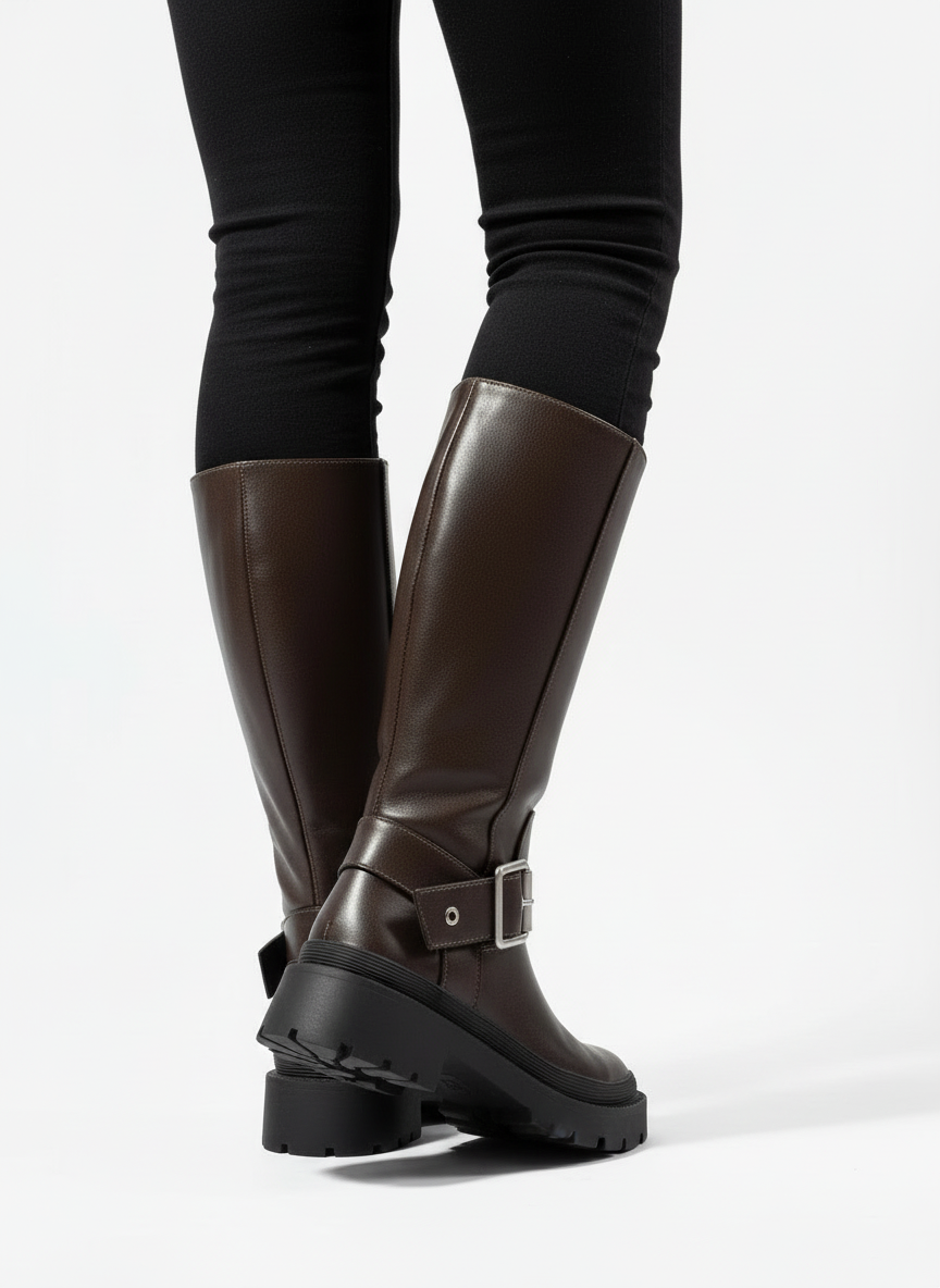 Belle | Women's Dark Brown Buckle Strap Lug Sole Knee High Boot 2