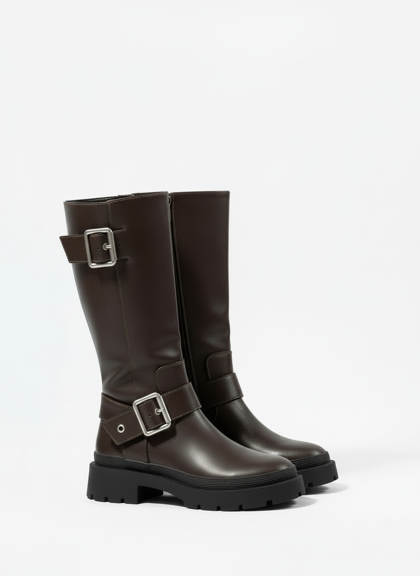 Belle | Women's Dark Brown Buckle Strap Lug Sole Knee High Boot 3