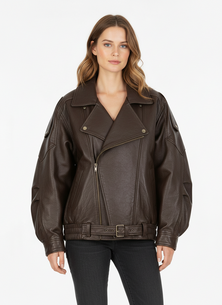 Bex | Women's Brown Oversized Belted Faux Leather Bomber Jacket