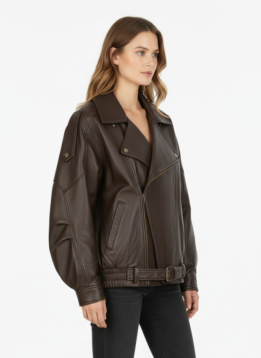 Bex | Women's Brown Oversized Belted Faux Leather Bomber Jacket 2