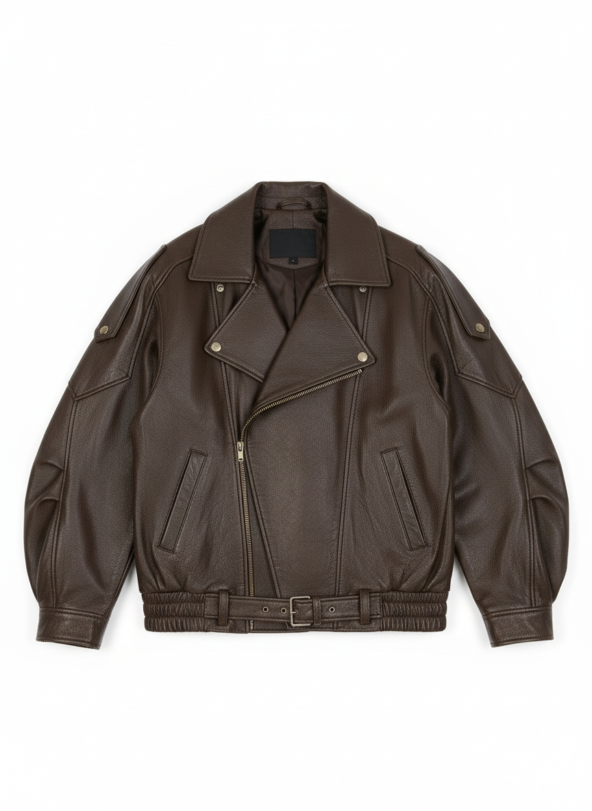 Bex | Women's Brown Oversized Belted Faux Leather Bomber Jacket 3