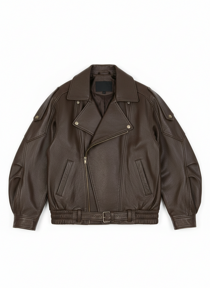 Bex | Women's Brown Oversized Belted Faux Leather Bomber Jacket 3