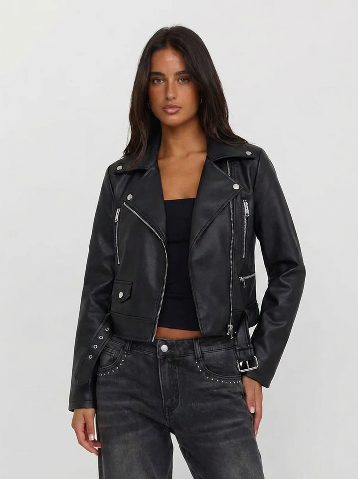 Bianca | Women's Black Faux Leather Cropped Jacket