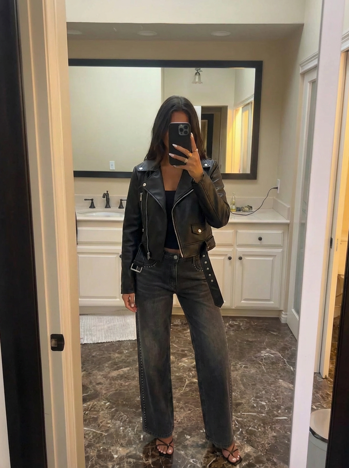 Bianca | Women's Black Faux Leather Cropped Jacket 1