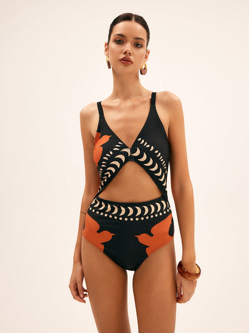 Bird Print Cutout One Piece Swimsuit | Aquaflare