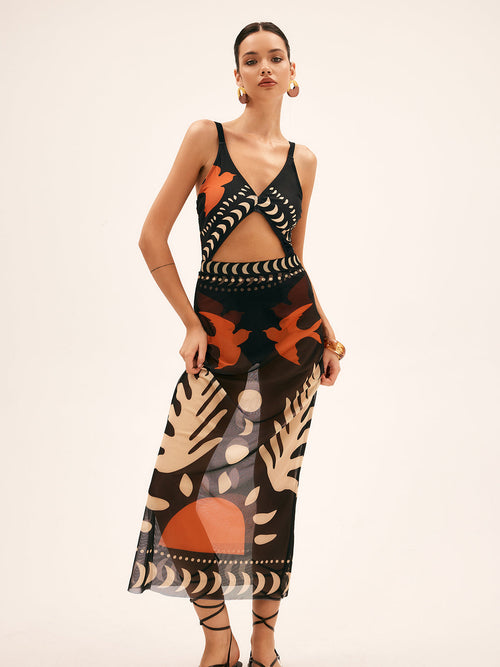 Bird Print Mesh Maxi Skirt | Callista