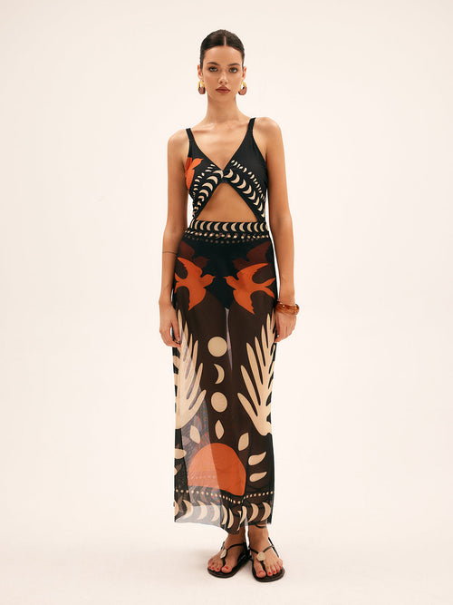 Bird Print Mesh Maxi Skirt | Callista
