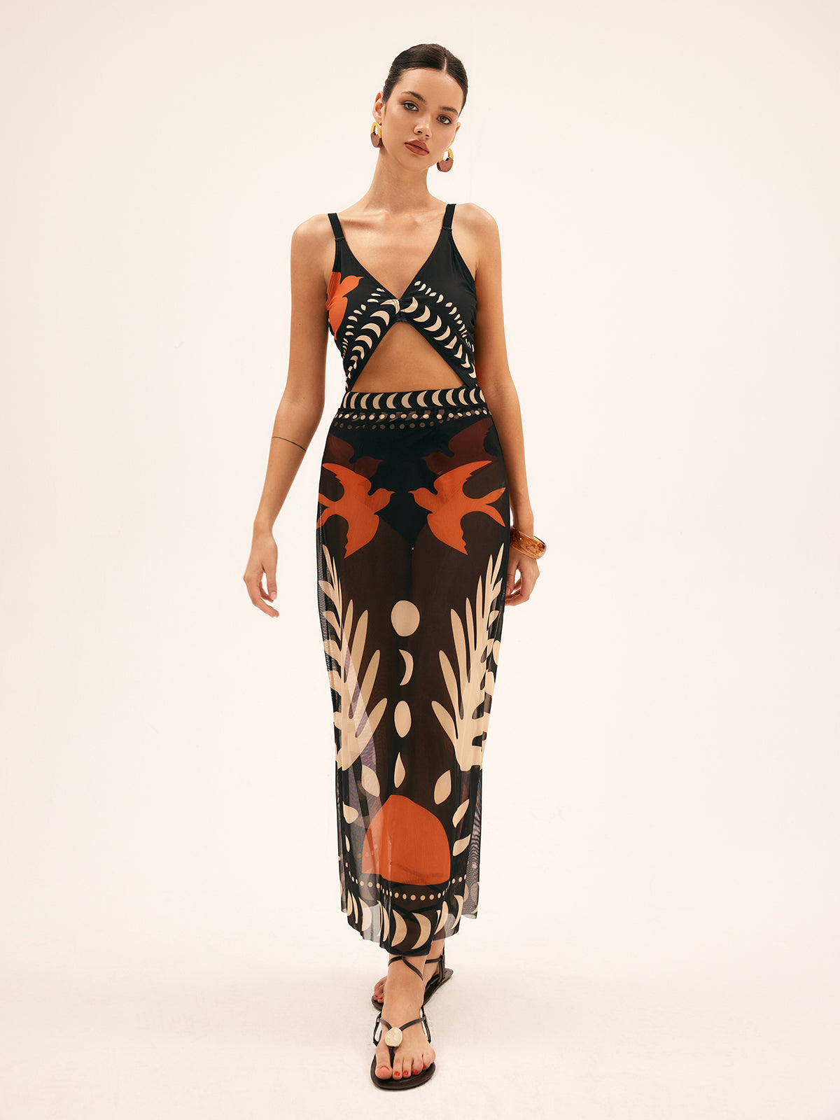 Bird Print Mesh Maxi Skirt | Callista