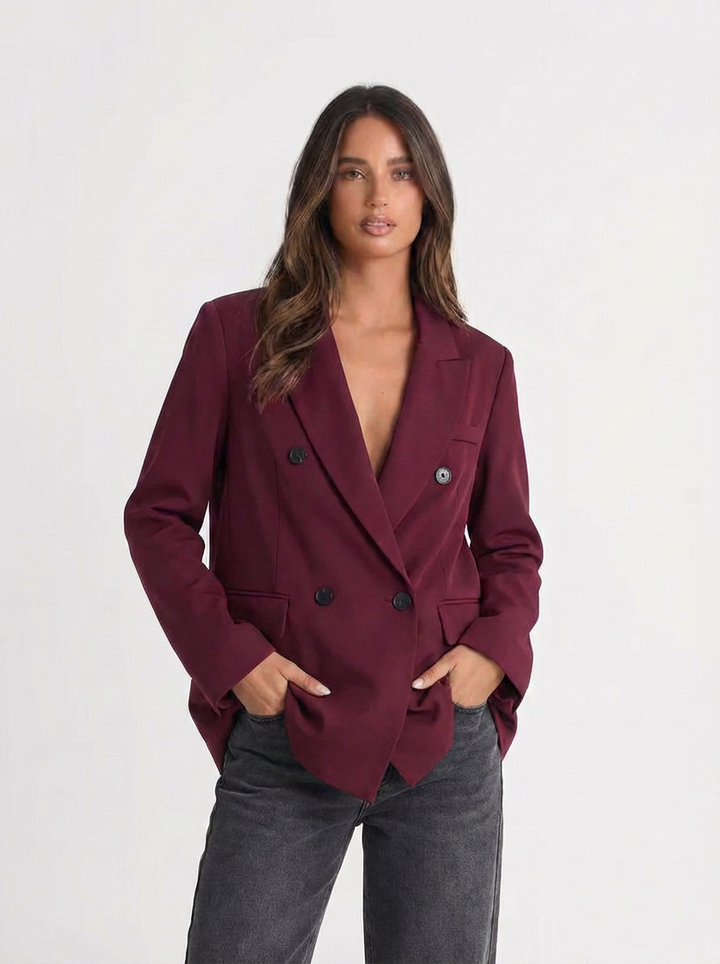 Blessy | Women's Burgundy Double Breasted Tailored Blazer