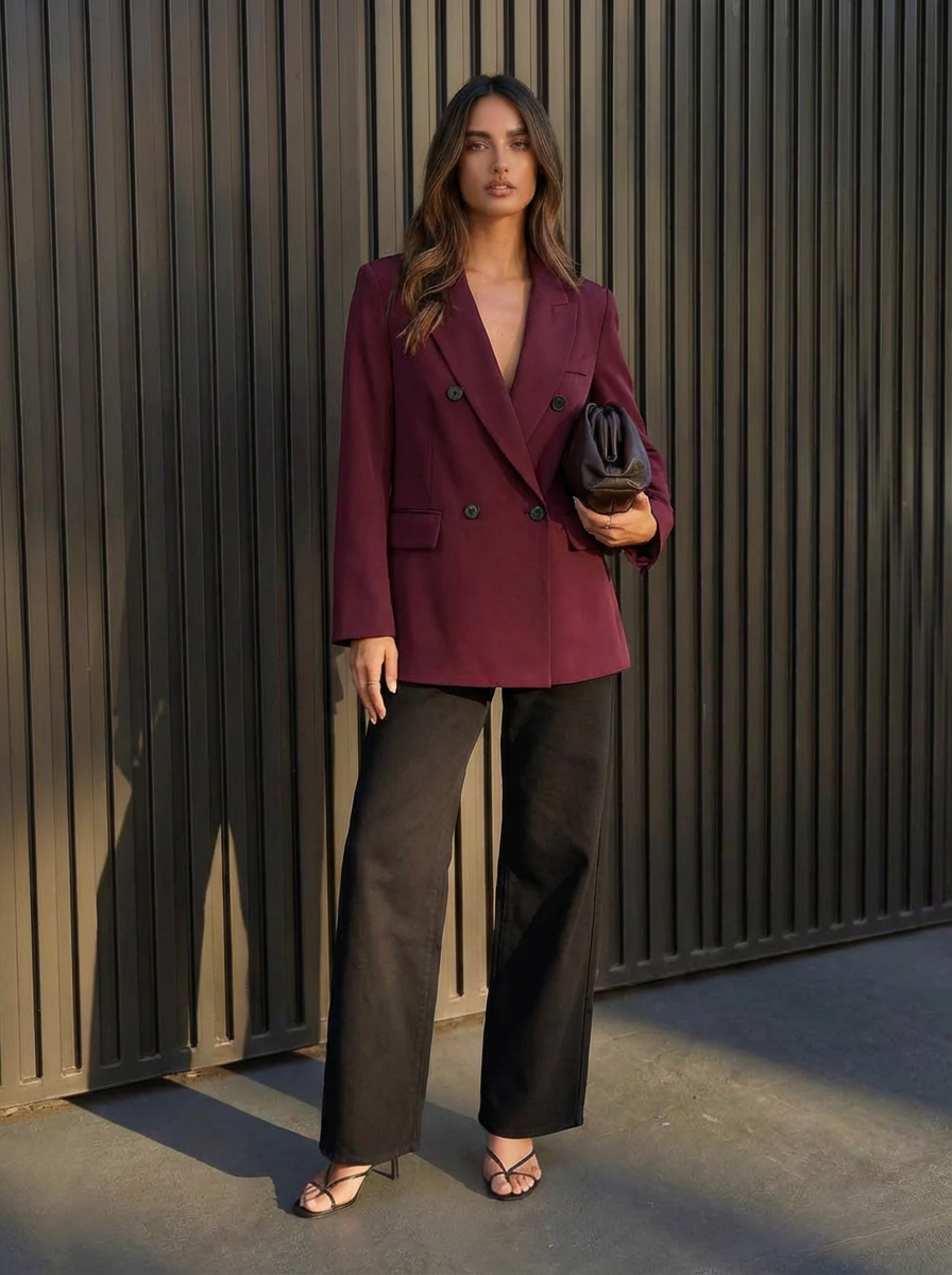 Blessy | Women's Burgundy Double Breasted Tailored Blazer 1