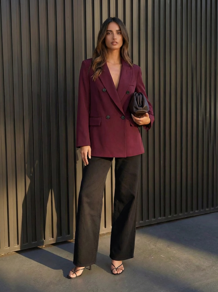 Blessy | Women's Burgundy Double Breasted Tailored Blazer 1