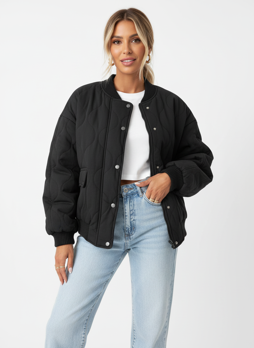 Bree | Women's Oversized Quilted Snap Button Puffer Bomber Jacket