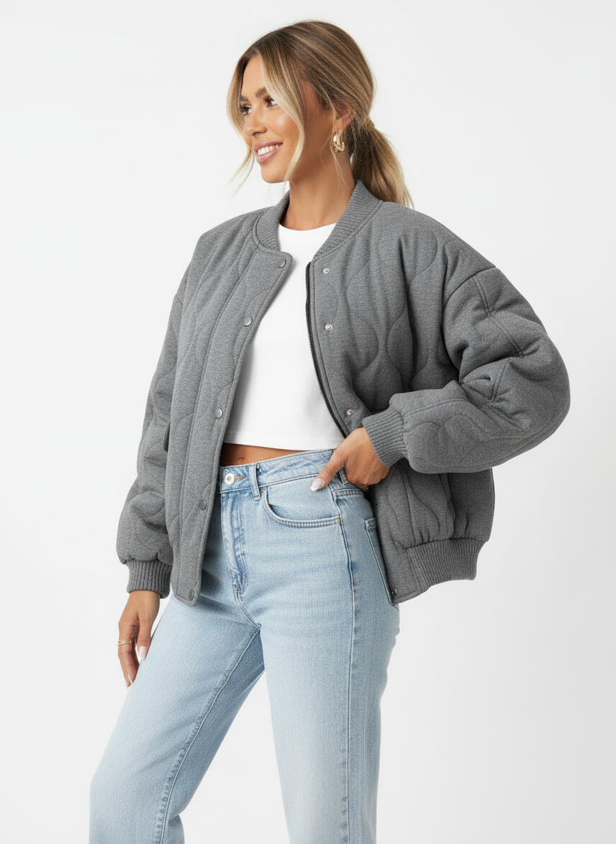 Bree | Women's Oversized Quilted Snap Button Puffer Bomber Jacket 4