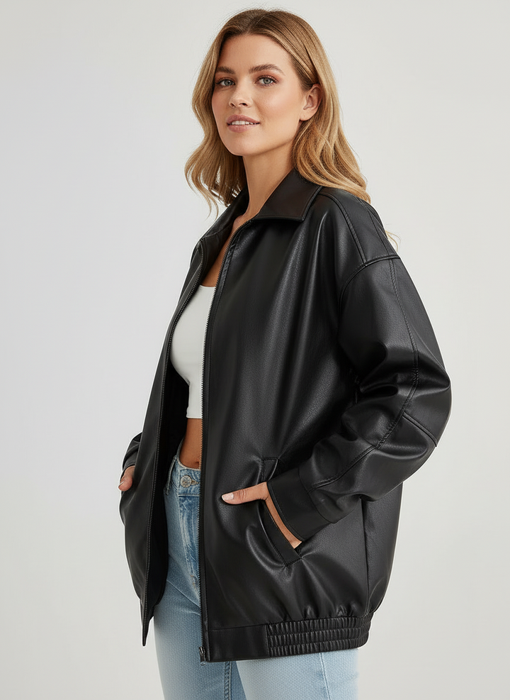 Bree | Women's Oversized Zip Up Faux Leather Bomber Jacket 4