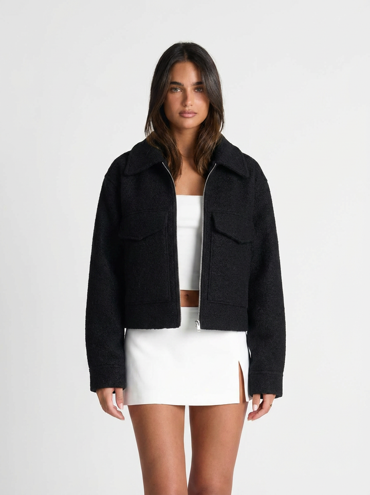 Brenda | Women's Black Zip Front Cropped Bomber Jacket