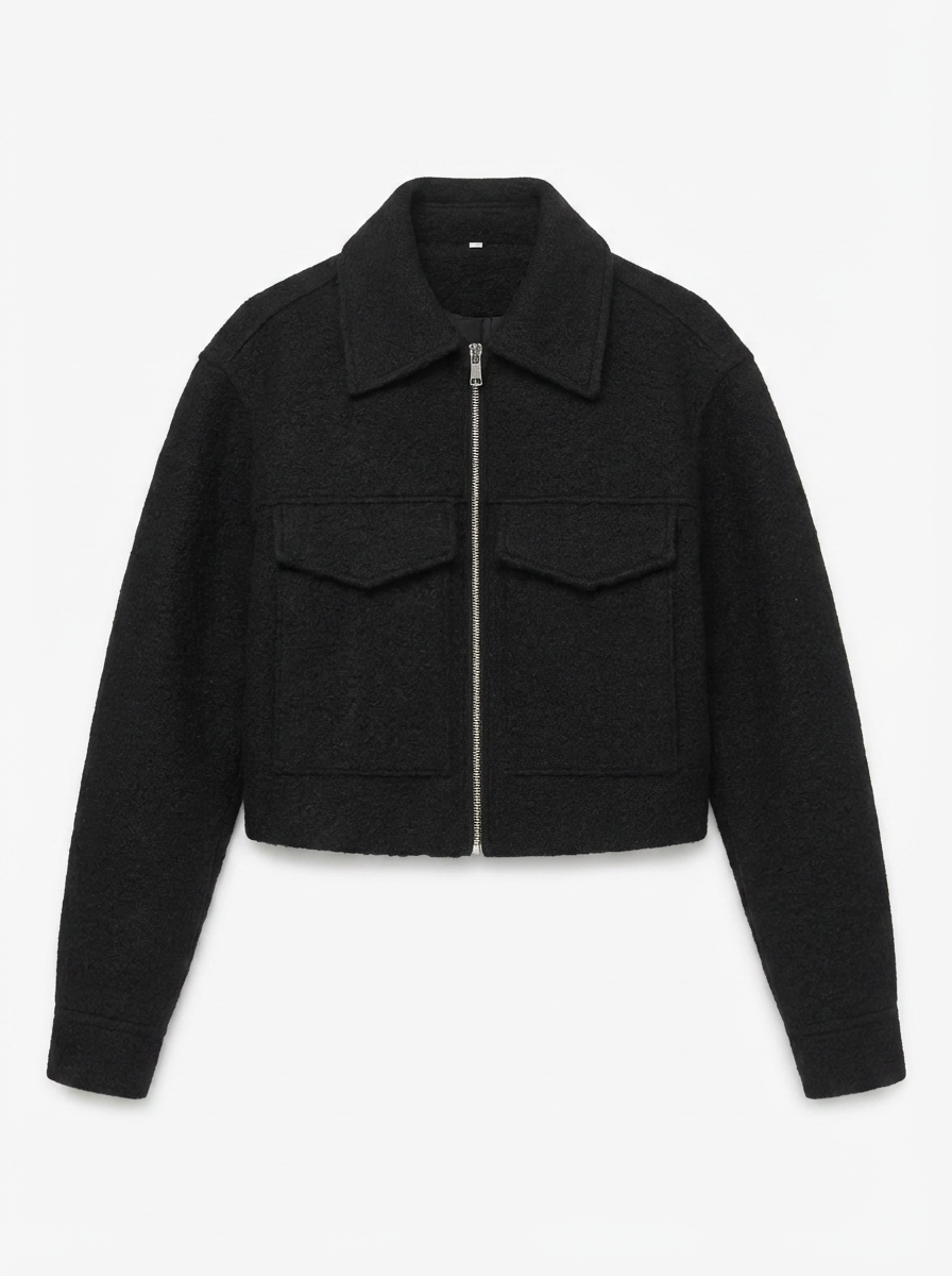 Brenda | Women's Black Zip Front Cropped Bomber Jacket 3