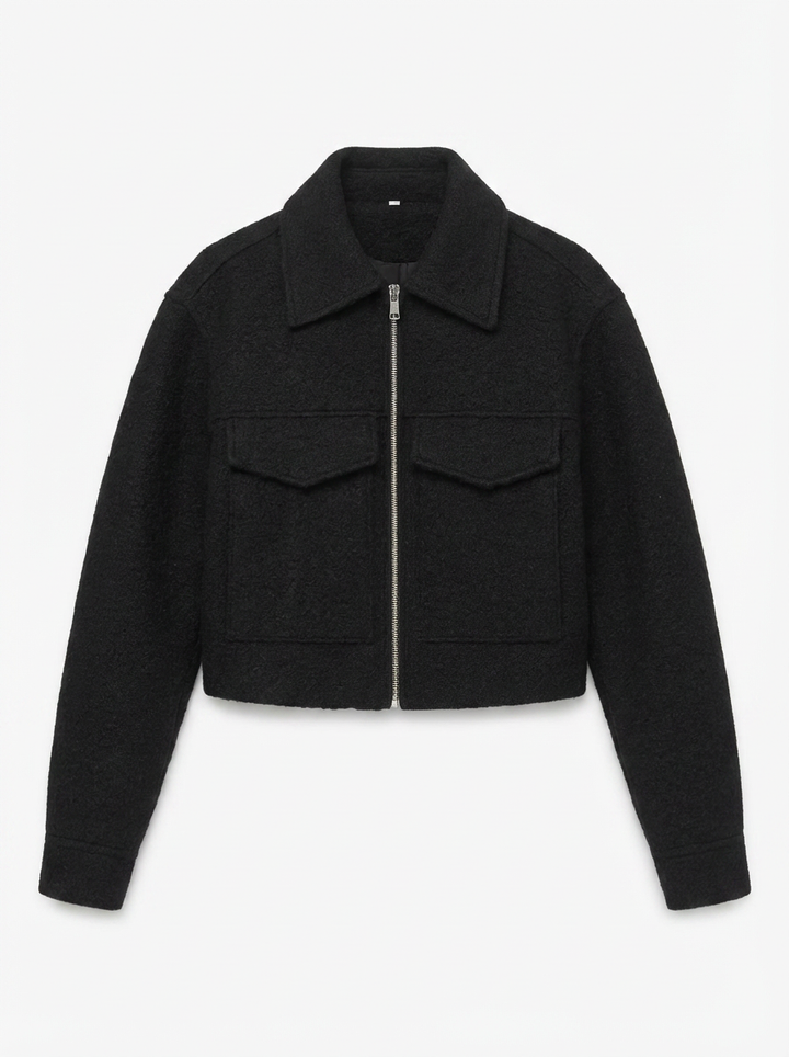Brenda | Women's Black Zip Front Cropped Bomber Jacket 3