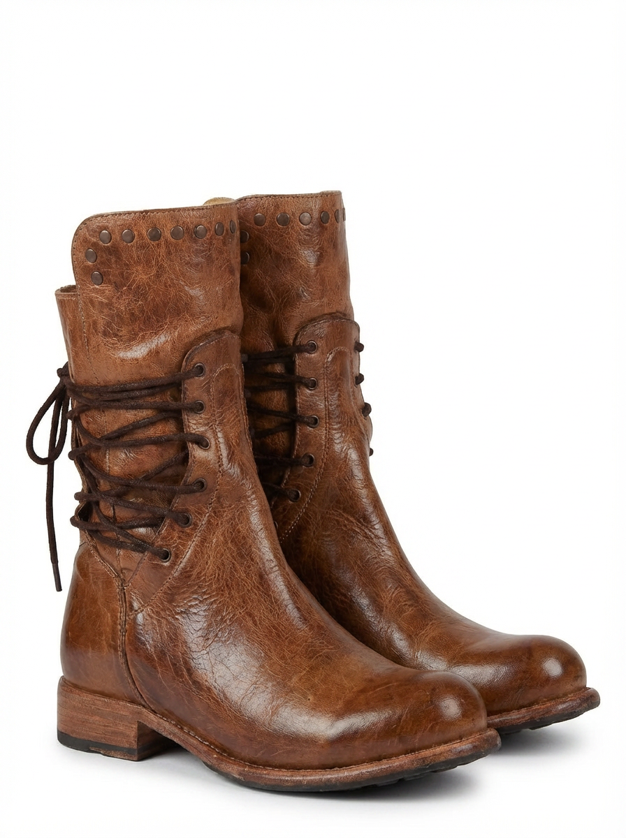 Brooke | Women's Lace-Up Studded Mid-Calf Block Heel Boots 5