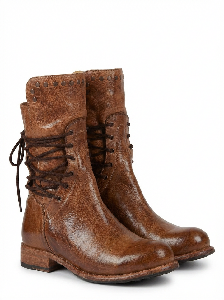 Brooke | Women's Lace-Up Studded Mid-Calf Block Heel Boots 5