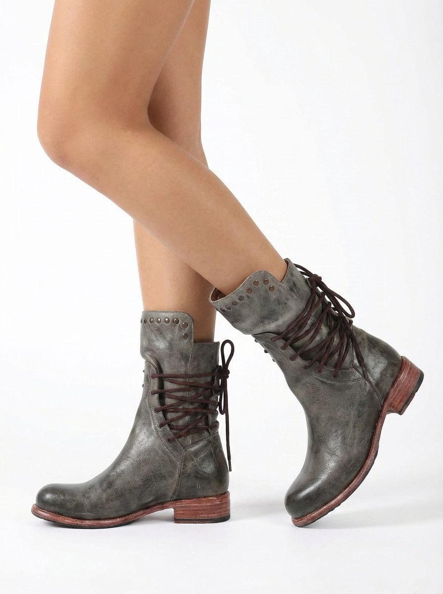 Brooke | Women's Lace-Up Studded Mid-Calf Block Heel Boots 3