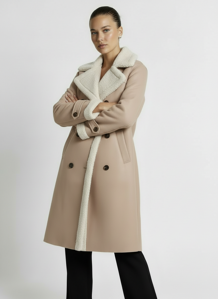 Camille | Women's Camel Longline Belted Fleece Collar Button Coat