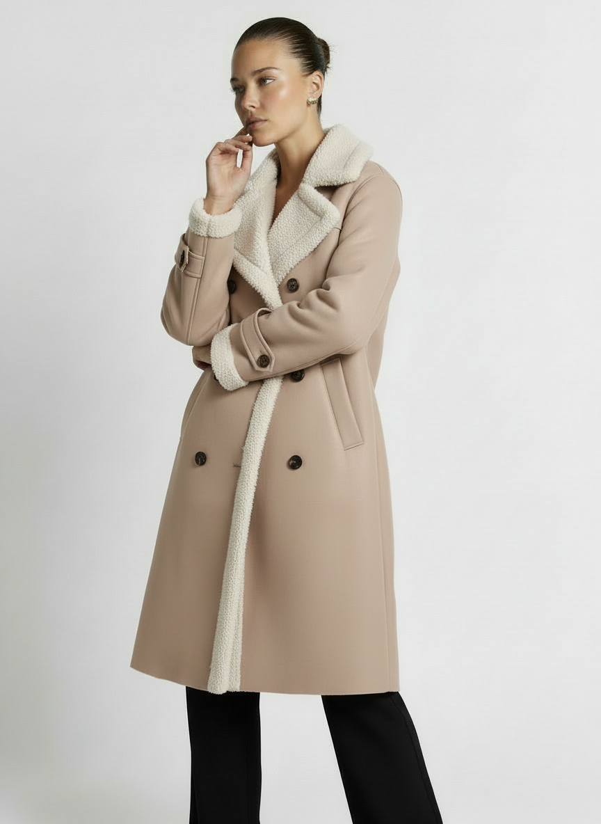 Camille | Women's Camel Longline Belted Fleece Collar Button Coat 2