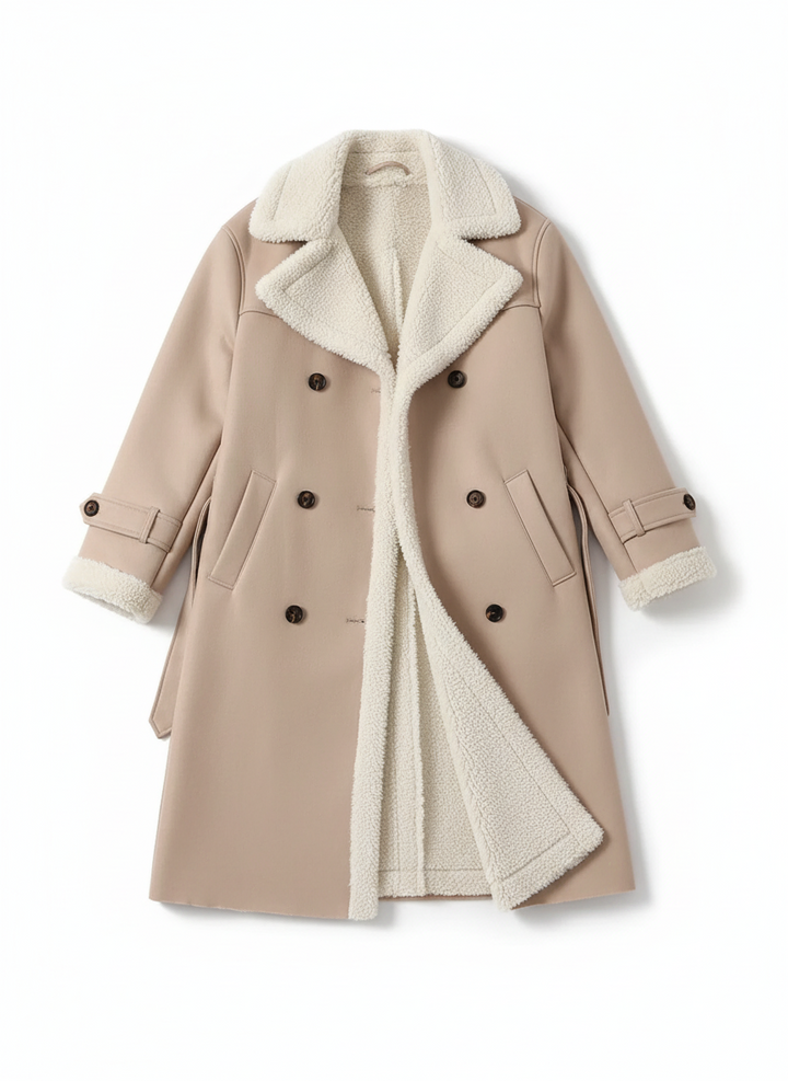 Camille | Women's Camel Longline Belted Fleece Collar Button Coat 3
