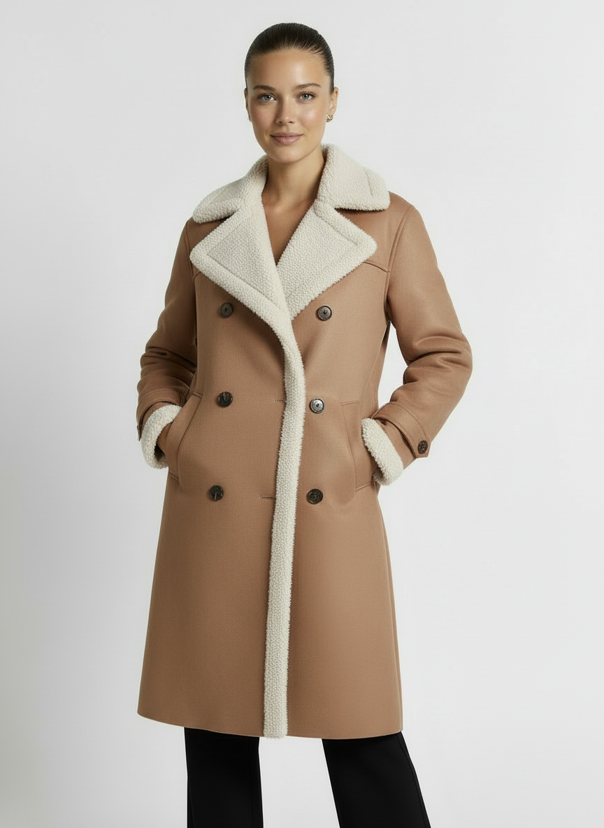 Camille | Women's Camel Longline Belted Fleece Collar Button Coat 4