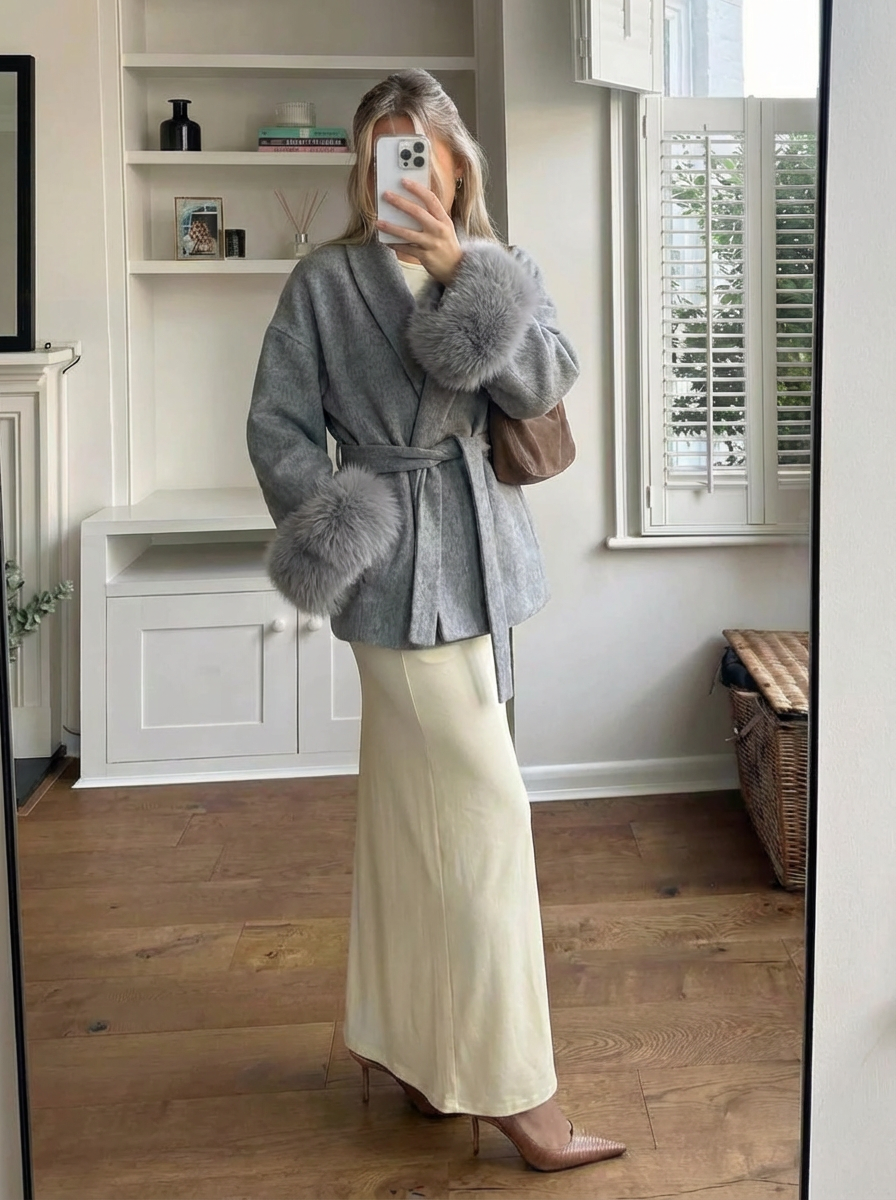 Camille | Women's Fur Cuffs Short Wrap Coat 1