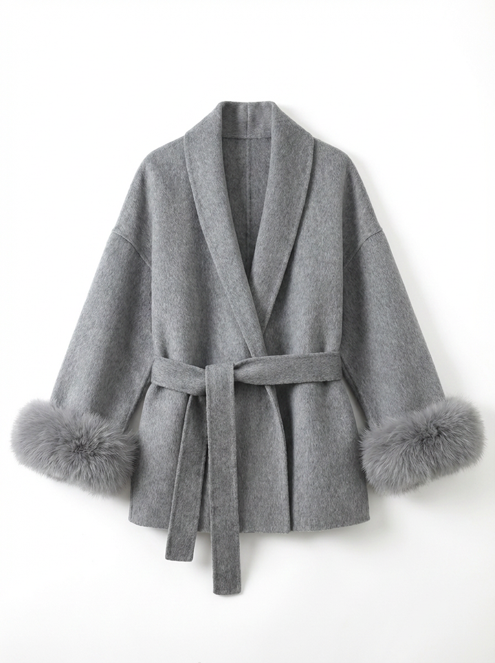Camille | Women's Fur Cuffs Short Wrap Coat  3
