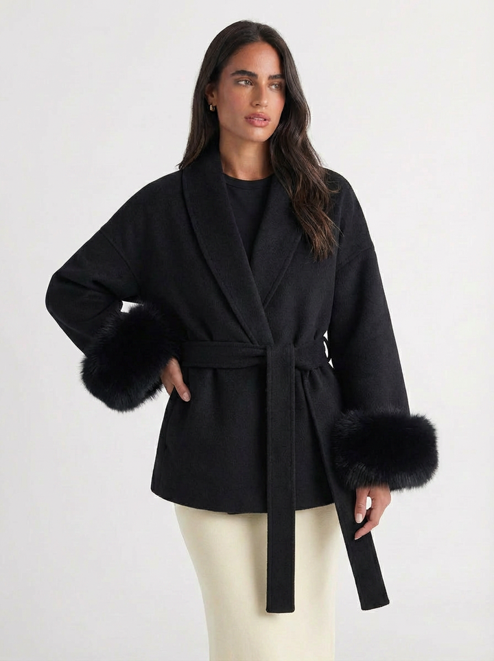 Camille | Women's Fur Cuffs Short Wrap Coat 6