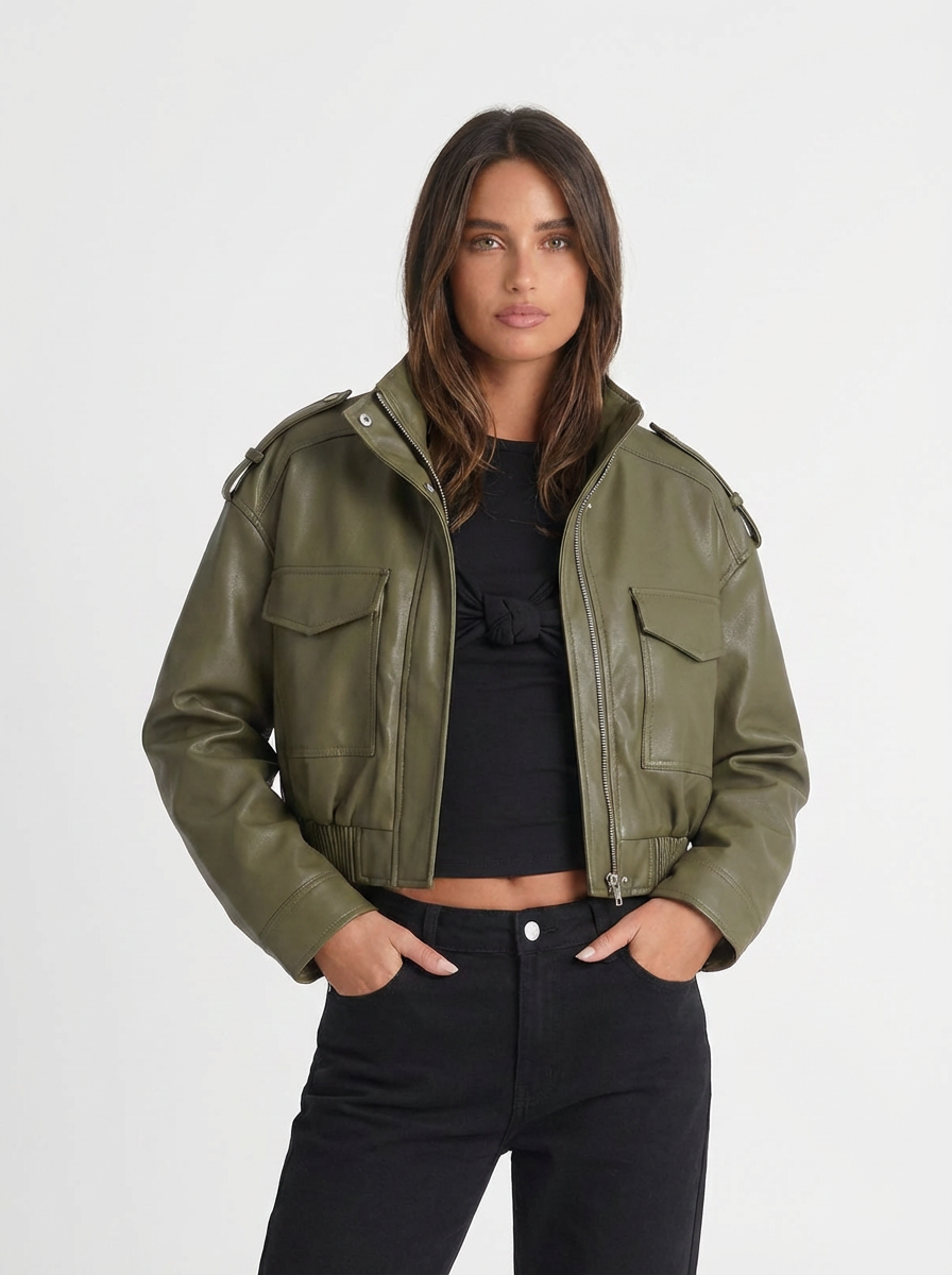 Carla | Women's Faux Leather Cropped Utility Jacket