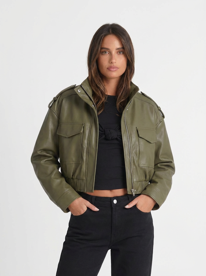 Carla | Women's Faux Leather Cropped Utility Jacket