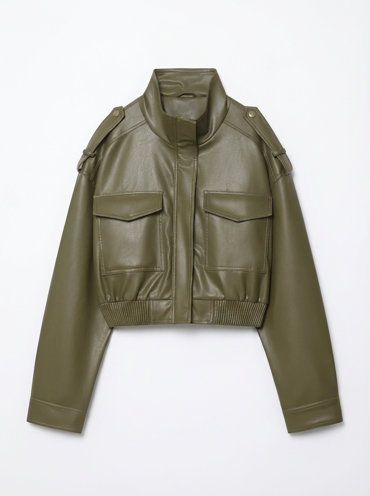 Carla | Women's Faux Leather Cropped Utility Jacket 3