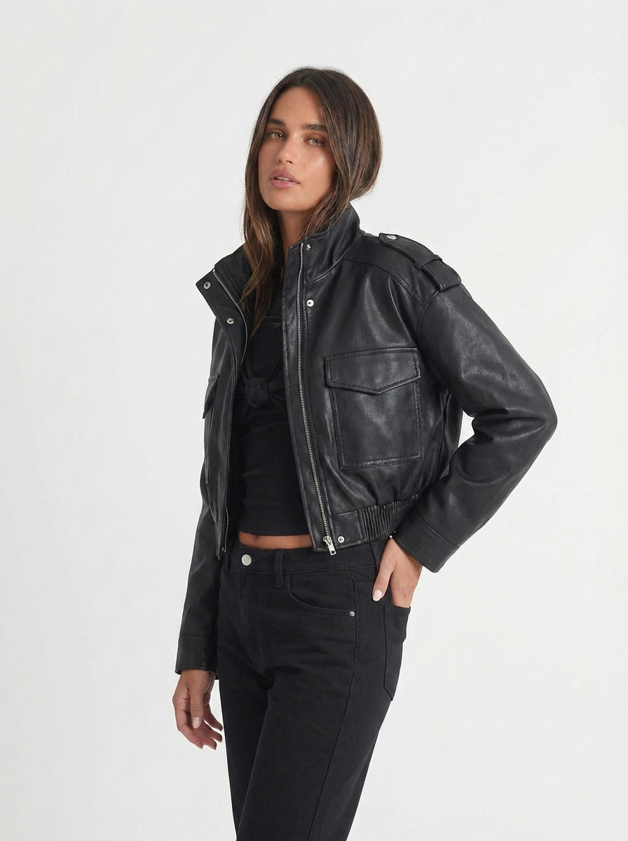 Carla | Women's Faux Leather Cropped Utility Jacket 4