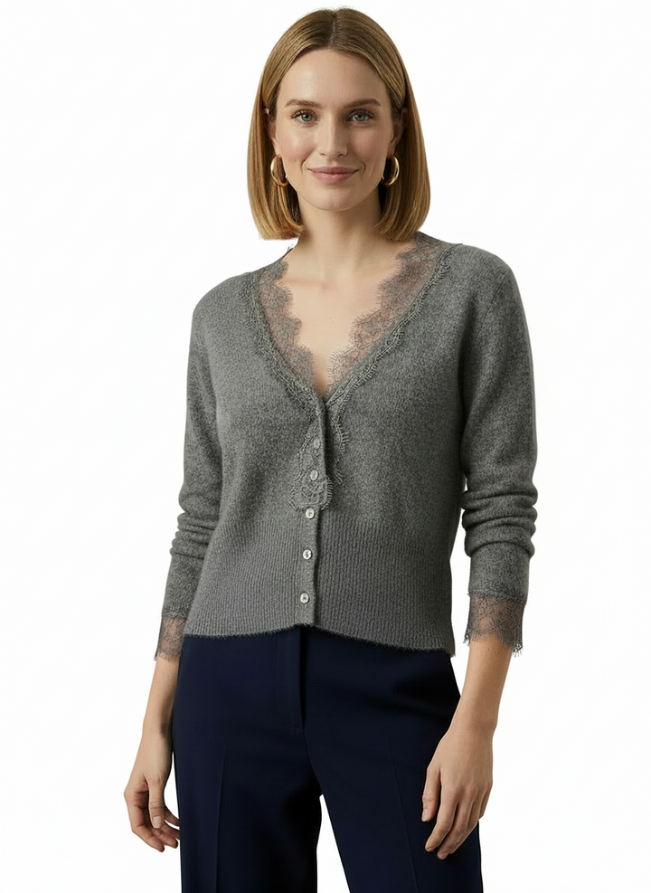 Clara | Women's Lace Trim V-Neck Button Front Knit Cardigan