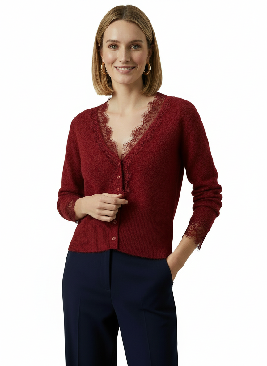 Clara | Women's Lace Trim V-Neck Button Front Knit Cardigan 5