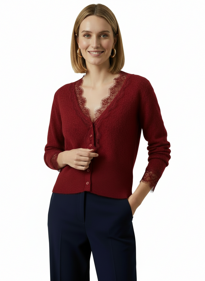 Clara | Women's Lace Trim V-Neck Button Front Knit Cardigan 5