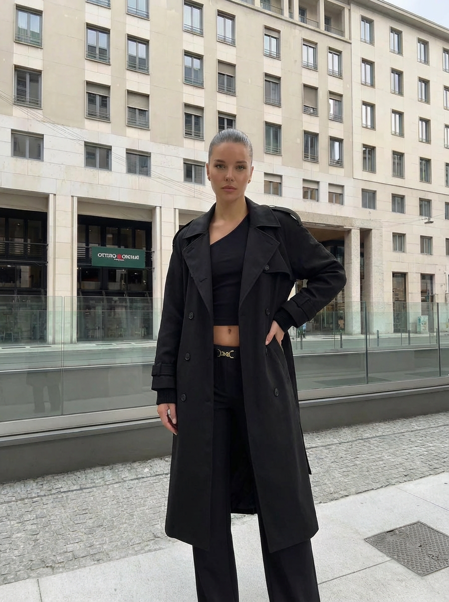 Cleo | Women's Black Double Breasted Longline Coat 1