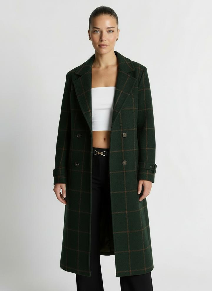 Cora | Women's Green Plaid Longline Single Breasted Coat