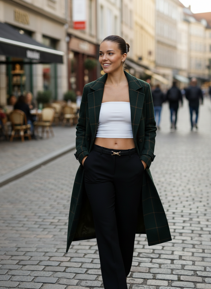 Cora | Women's Green Plaid Longline Single Breasted Coat 1
