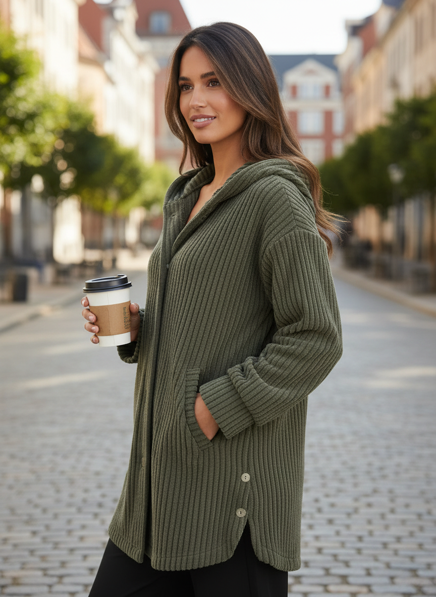 Cora | Women's Hooded Ribbed Button Front Coat 1